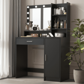 Vanity Desk With Mirror Light, Large Drawer Three Level Storage Dresser, 3 Lighting Modes Adjustable Brightness, Bedroom Dressing Table (Color: black)