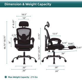 Retractable Footrest Ergonomic Swivel Office Chair With Lumbar Support Pillow And Padded Armrests (Color: black)